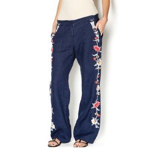 Johnny Was Blue Linen Embroidered Pants Size Medium